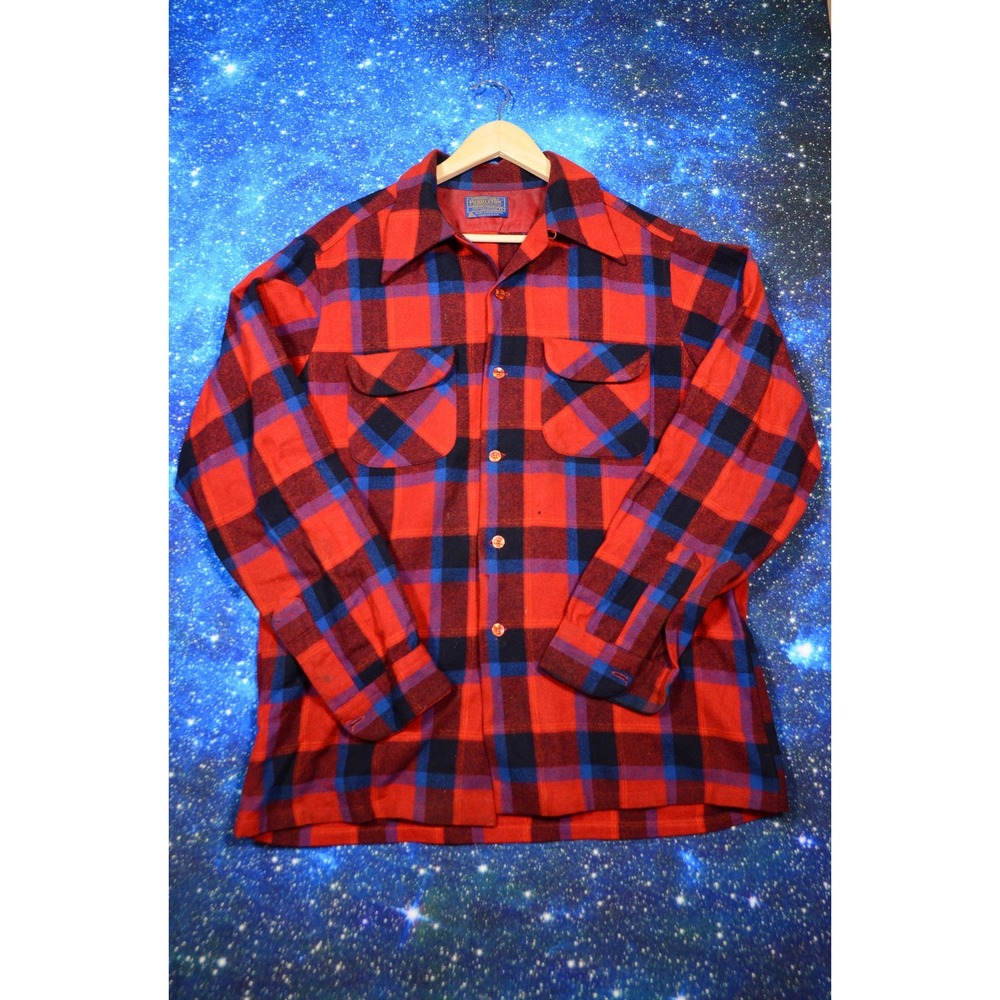 Vintage Pendleton Wool Shirt Mens Large Red Blue Plaid Made‎ in USA 100% Wool